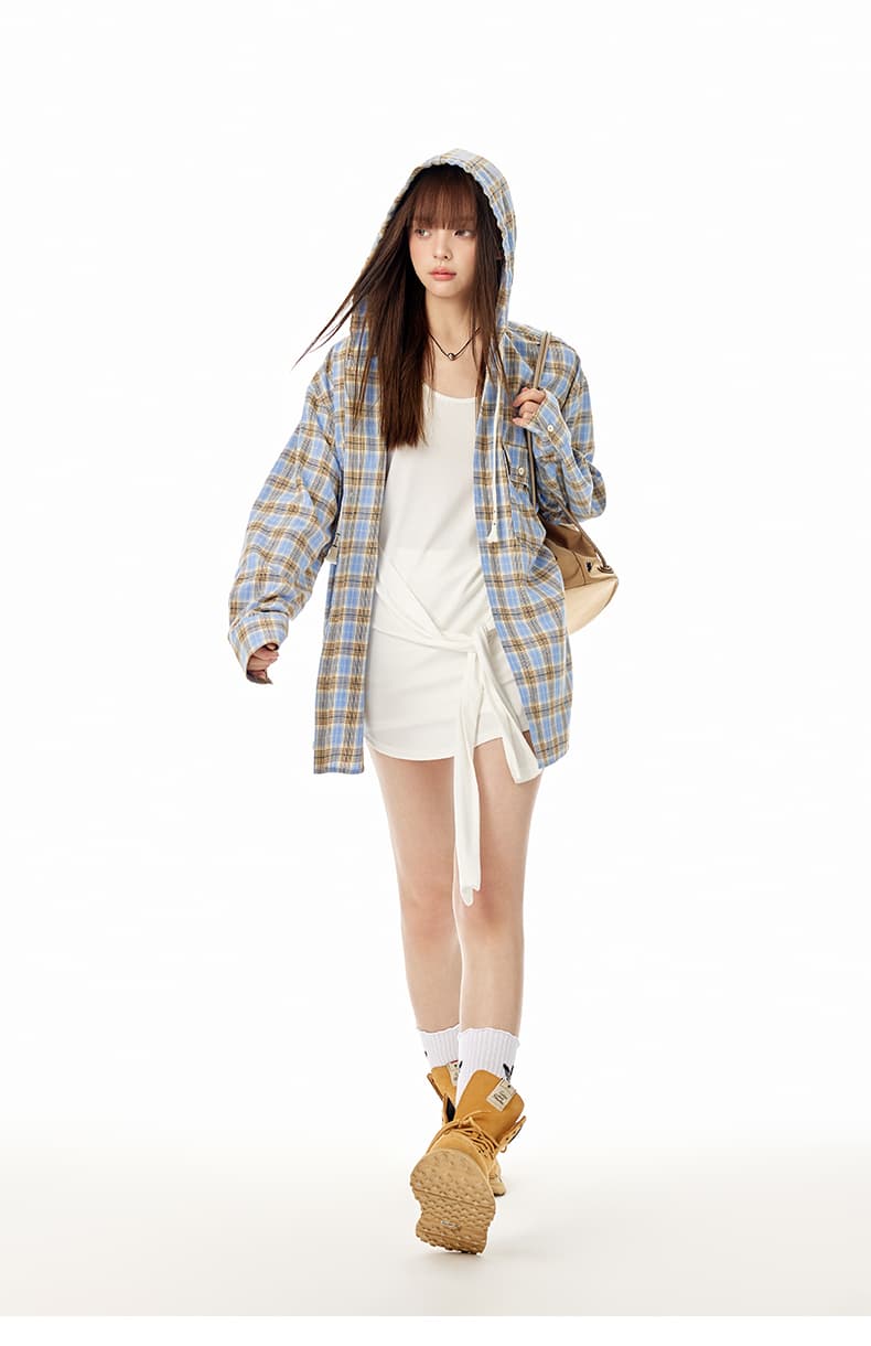 ストリートファッション 格子模様ゆったりフード付きシャツ