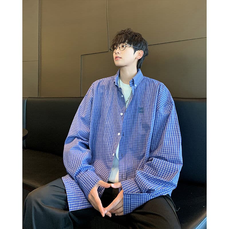 ストリートファッション ゆったりシルエットチェック柄シャツ