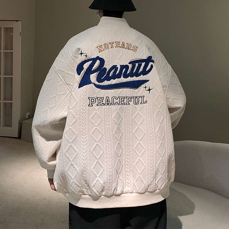 ストリートファッション 刺繍入りケーブル編みニットジャケット