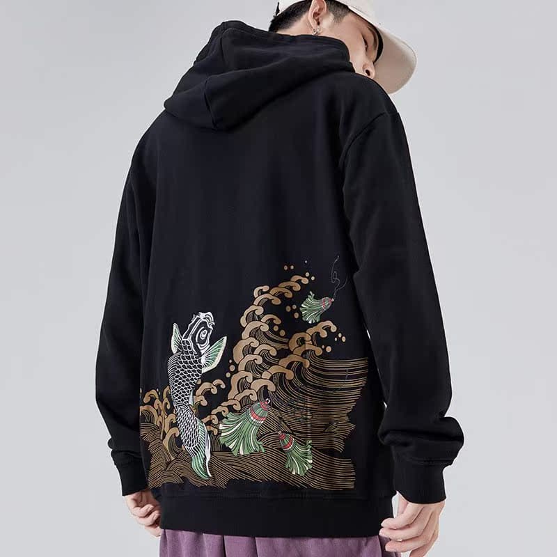 ストリートファッション 和風鯉刺繍オーバーサイズ裏起毛プルオーバー