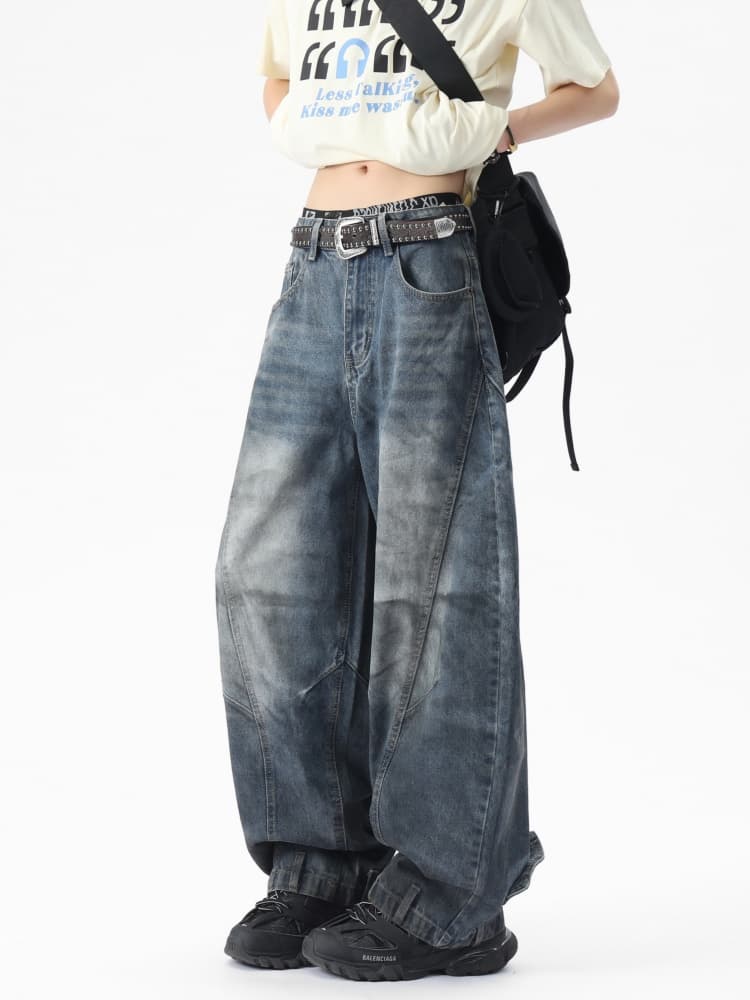 ストリートファッション ゆったりバルーンデニムパンツ