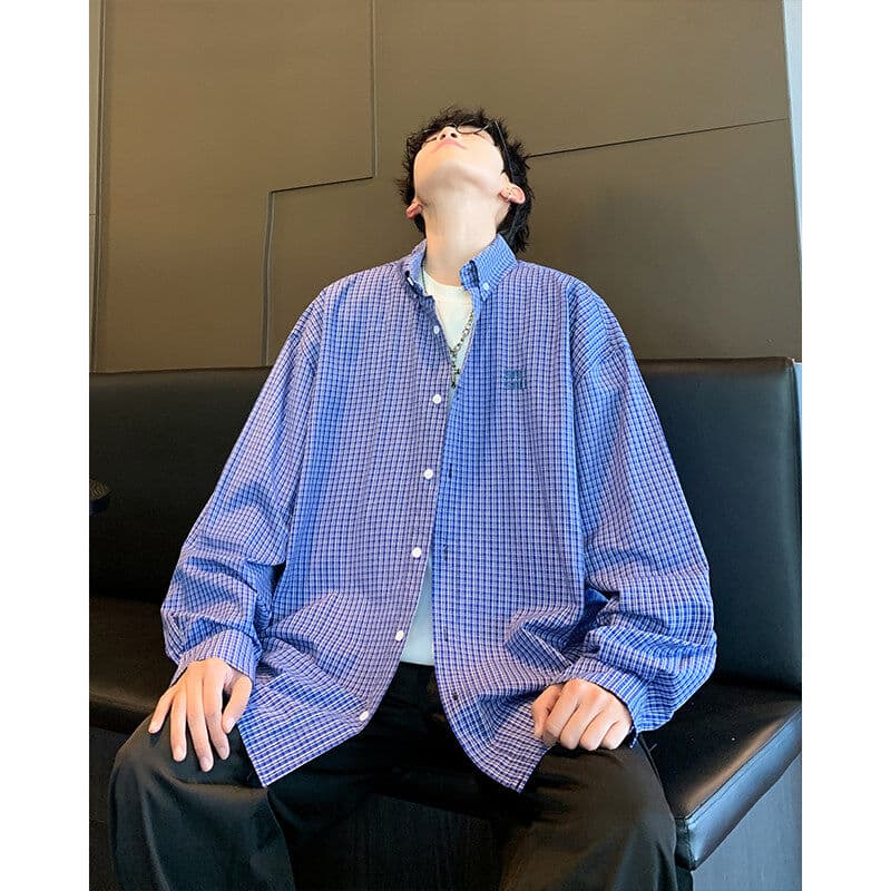 ストリートファッション ゆったりシルエットチェック柄シャツ