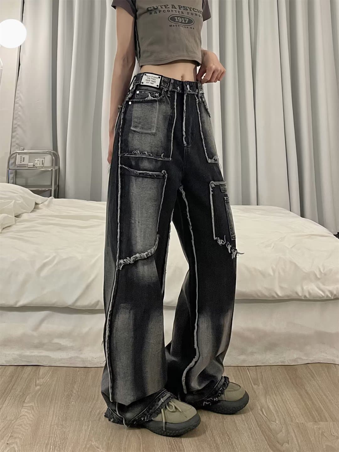 ストリートファッションデニム 多重ポケット立体デザインワイドデニムパンツ
