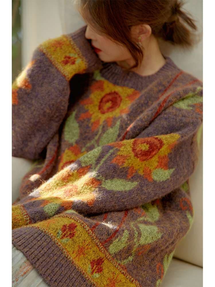 ストリートファッション 花模様のふわふわニットセーター