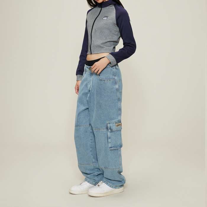 ストリートファッション ワイドカーゴデニムパンツ