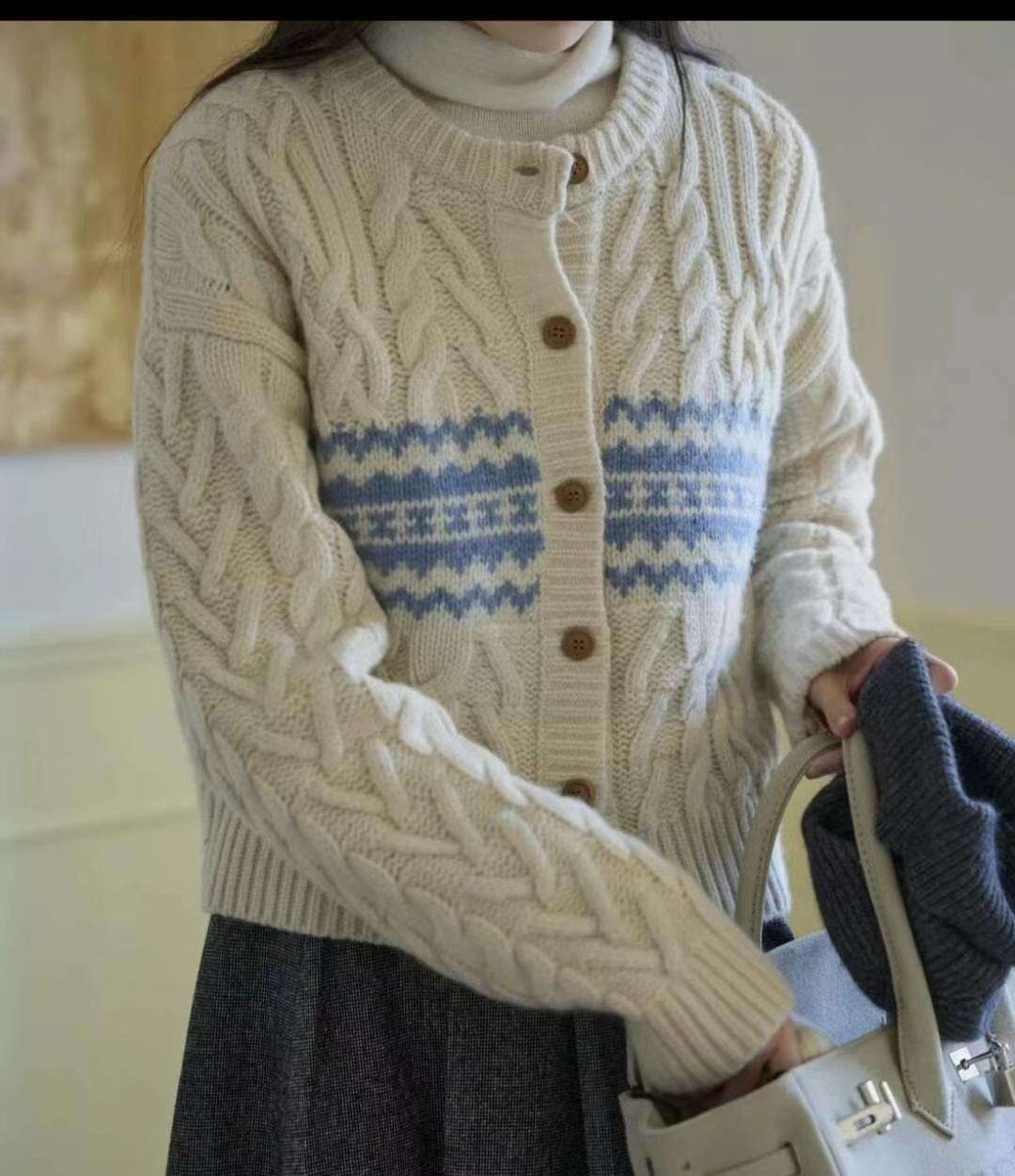 ストリートファッション ケーブル編みフェアアイル柄カーディガン