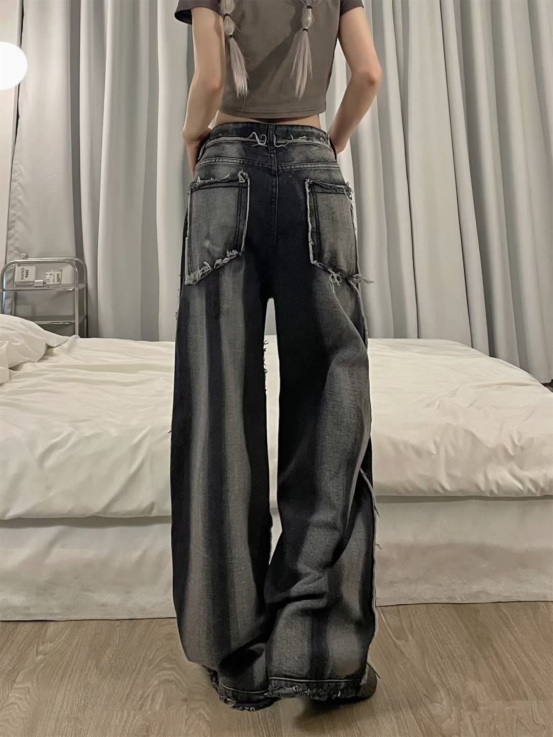 ストリートファッションデニム 多重ポケット立体デザインワイドデニムパンツ