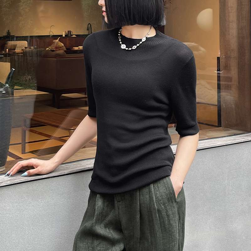 ストリートファッション リブ編みフィットハーフスリーブニット