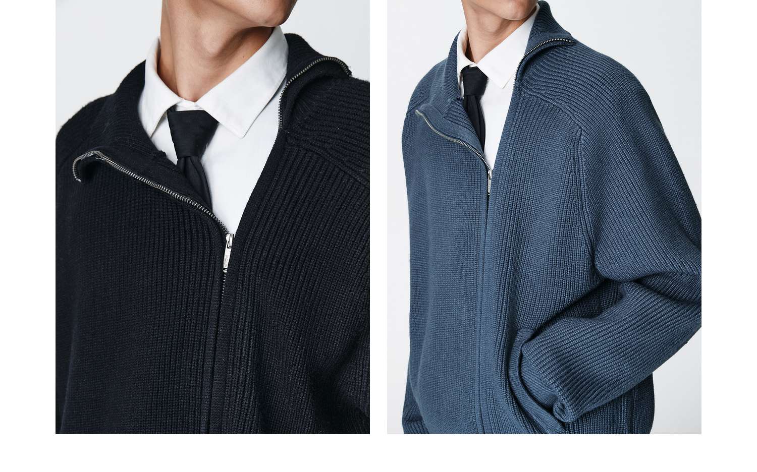 ストリートファッション リブ編みジップアップニットジャケット