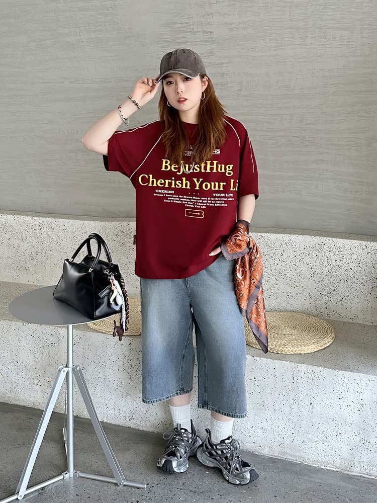 ストリートファッション ゆったりワイドデニムハーフパンツ