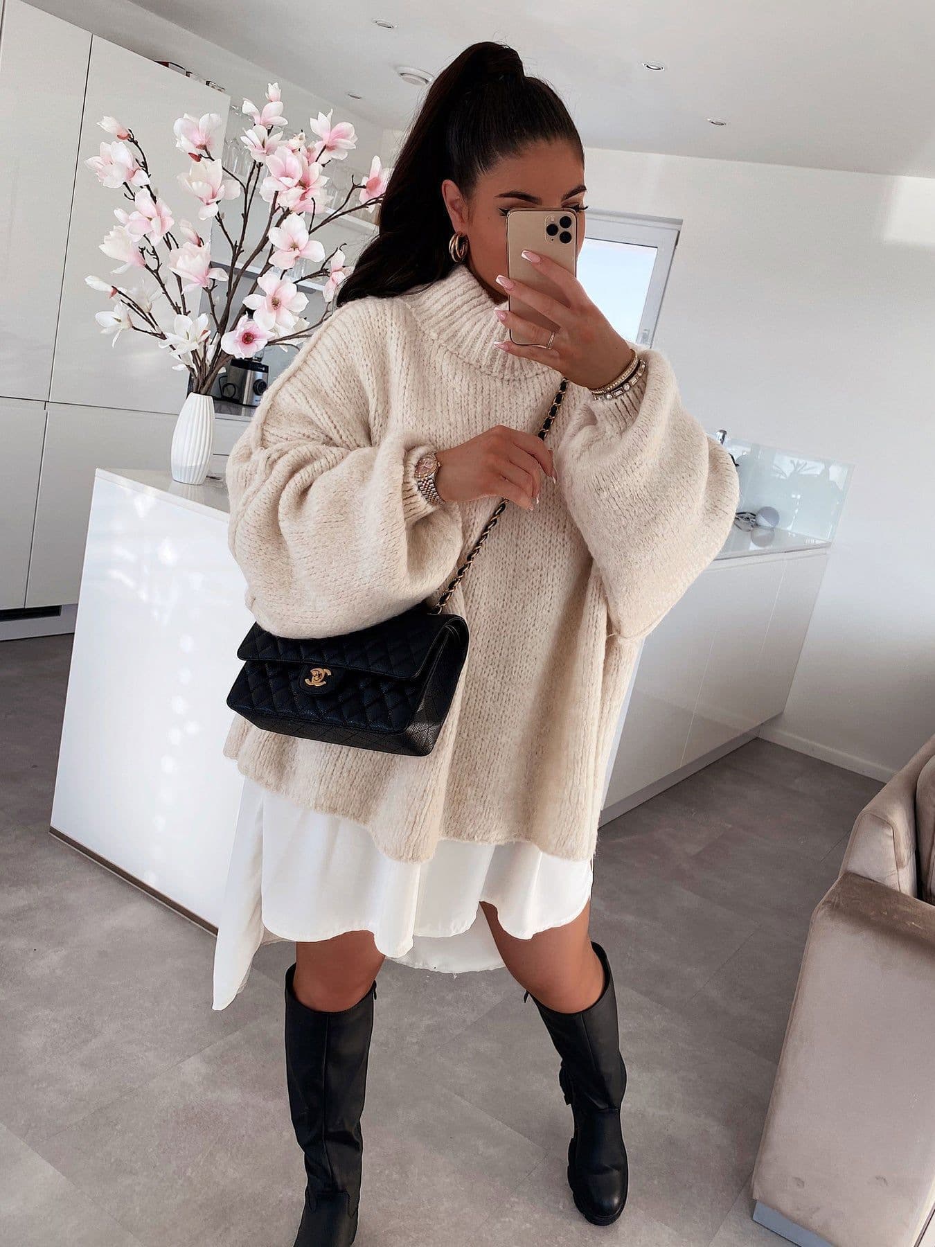 ストリートファッションニットゆったりボリューム袖モックネック