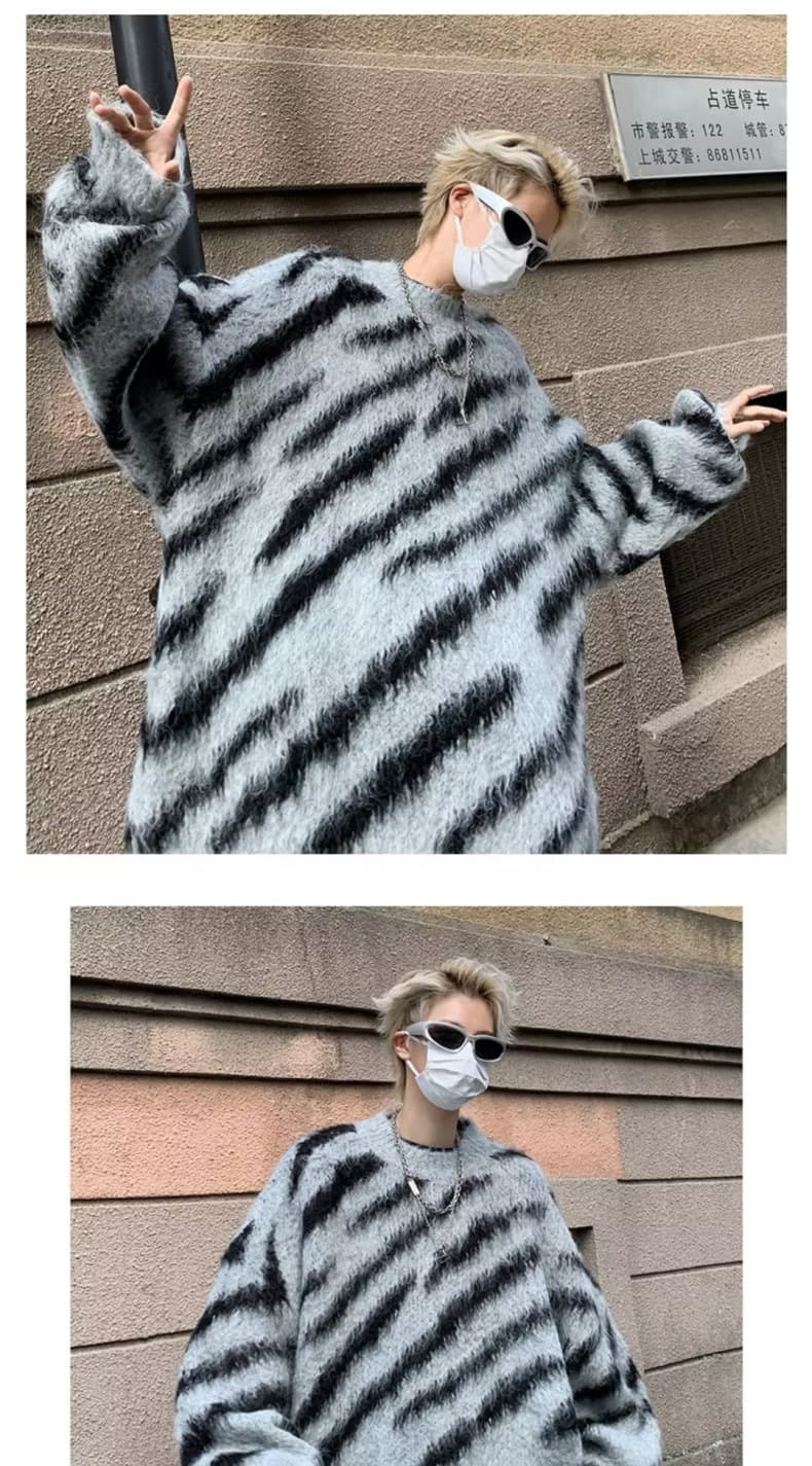 ストリートファッション ふわもこ波模様ニットプルオーバー