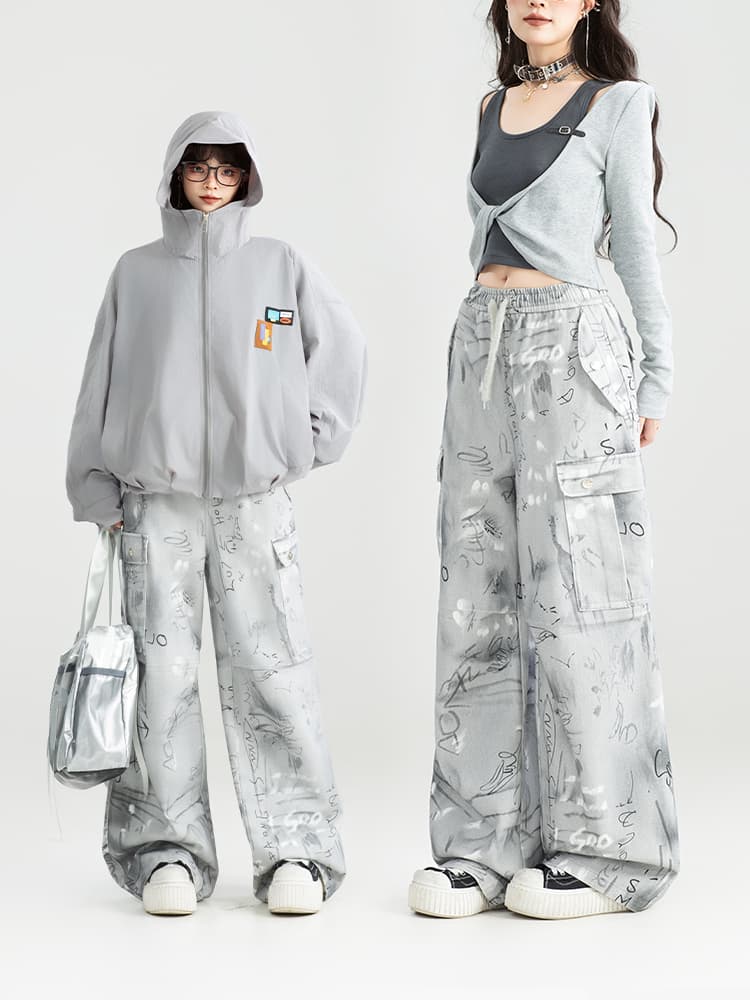 ストリートファッション アート柄ワイドシルエットカーゴパンツ