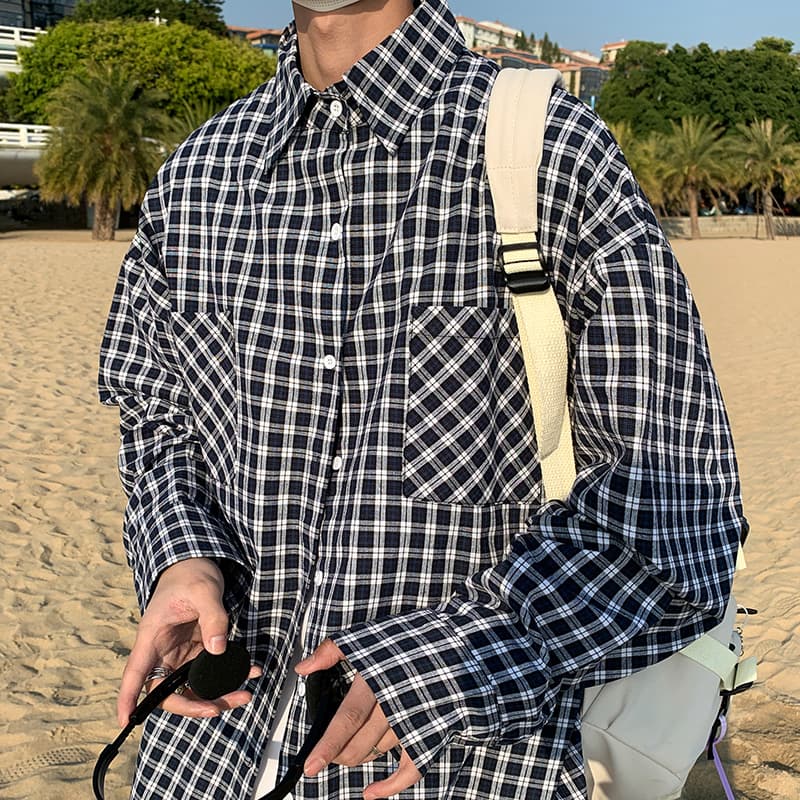 ストリートファッション ゆったりオーバーサイズ格子柄長袖シャツ