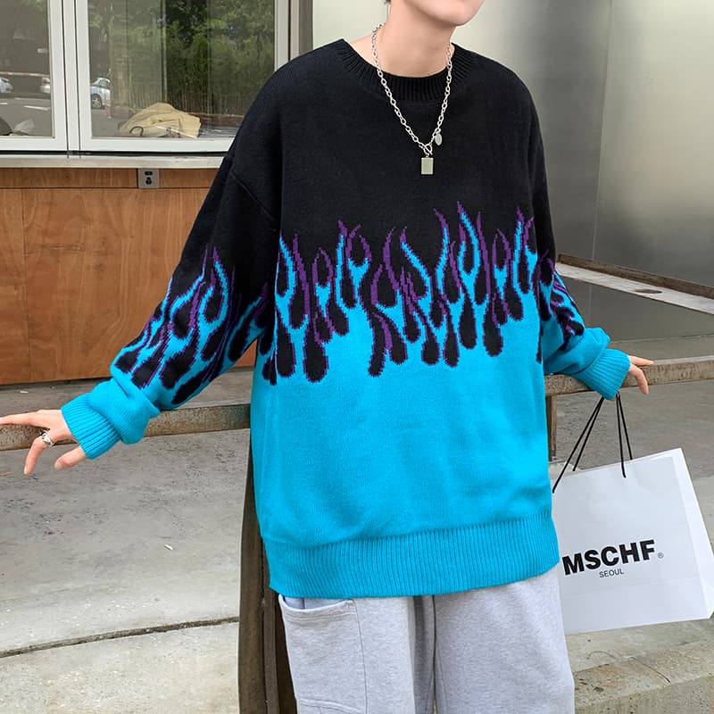 ストリートファッション ストリートファッション 炎模様デザインニット