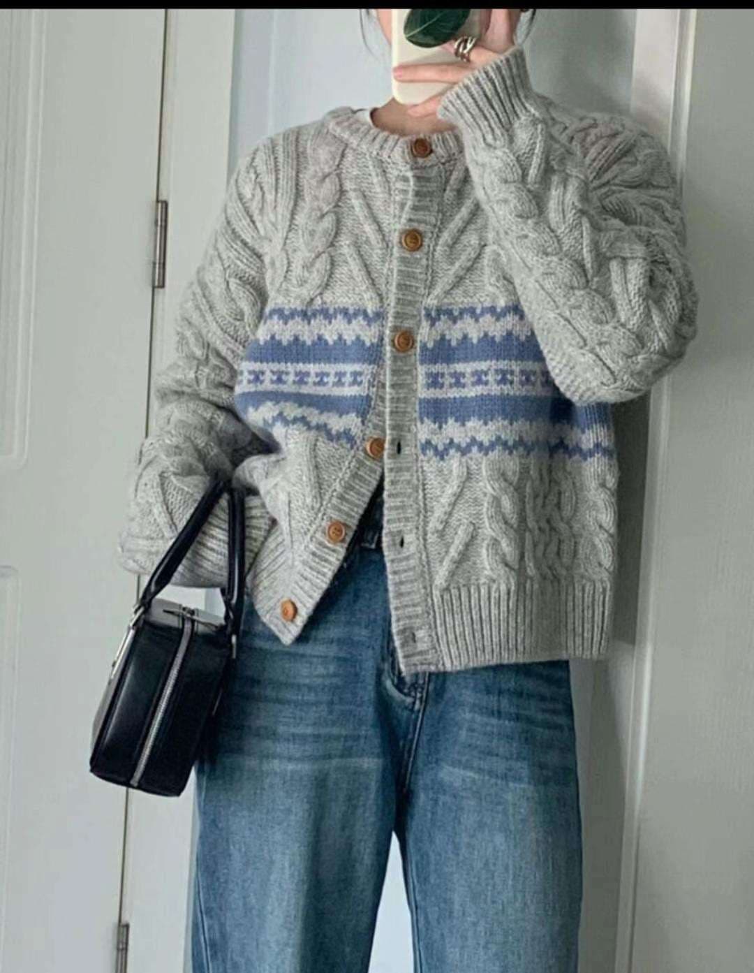 ストリートファッション ケーブル編みフェアアイル柄カーディガン