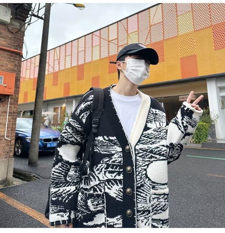 ストリートファッション 風景画モチーフオーバーサイズニット