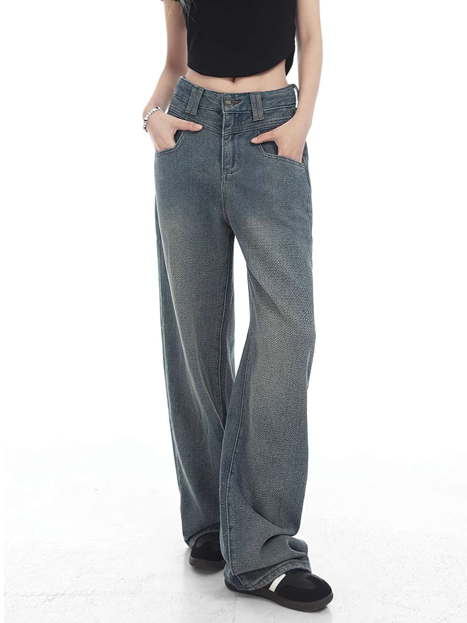 ストリートファッション ハイウエストワイドレッグデニムパンツ