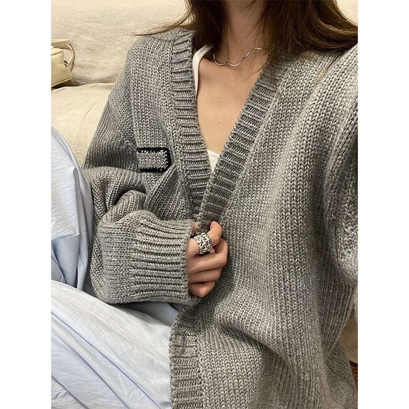 ストリートファッション オーバーサイズリブ編みカーディガン