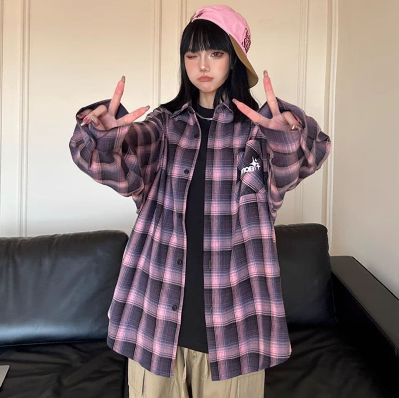 ストリートファッション ゆったりシルエットチェックシャツ