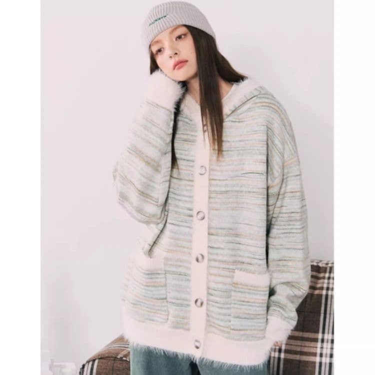 ストリートファッション マルチボーダーふわもこカーディガン