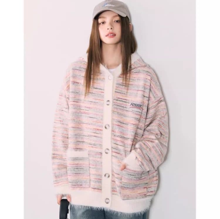 ストリートファッション マルチボーダーふわもこカーディガン