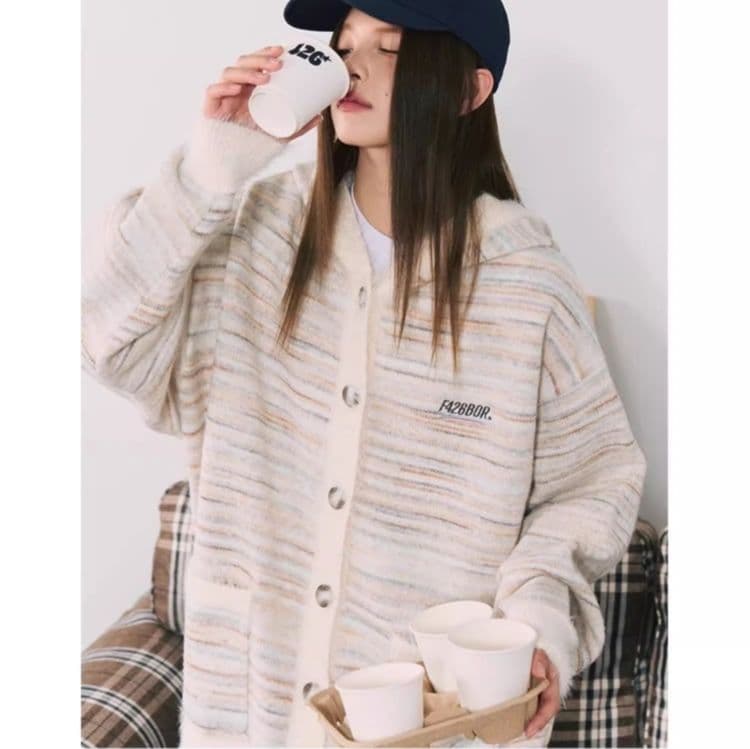 ストリートファッション マルチボーダーふわもこカーディガン