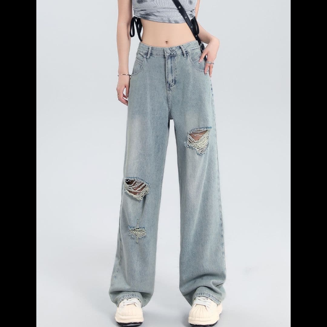 ストリートファッション ダメージワイドデニムパンツ