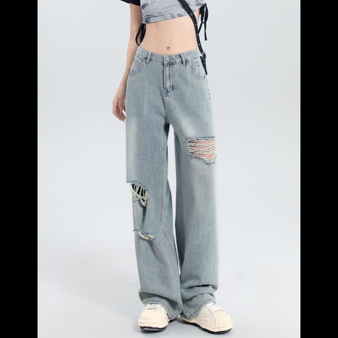 ストリートファッション ダメージワイドデニムパンツ