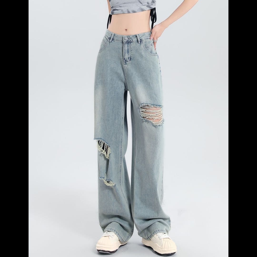 ストリートファッション ダメージワイドデニムパンツ