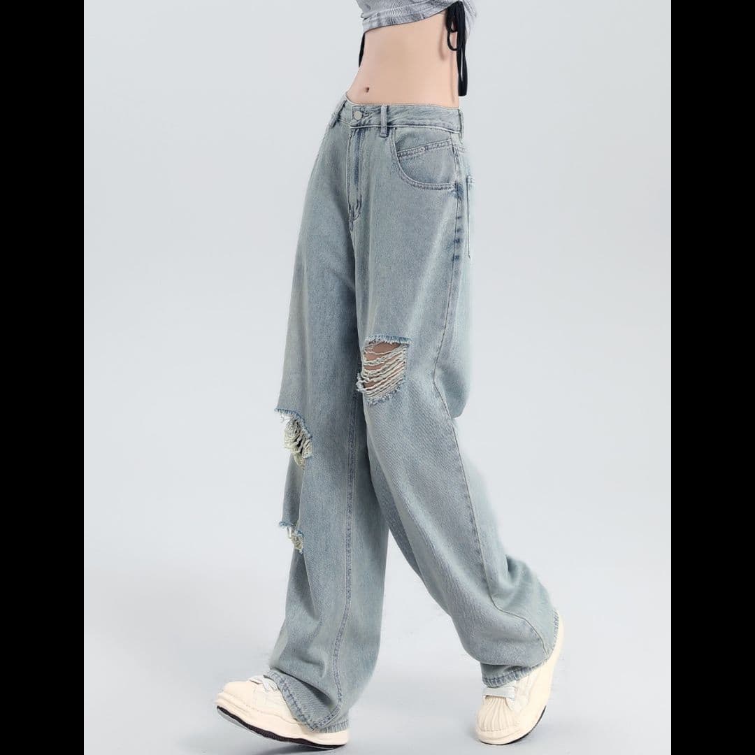 ストリートファッション ダメージワイドデニムパンツ