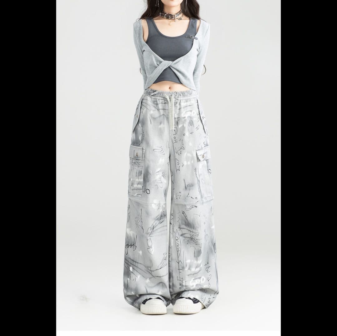 ストリートファッション アート柄ワイドシルエットカーゴパンツ