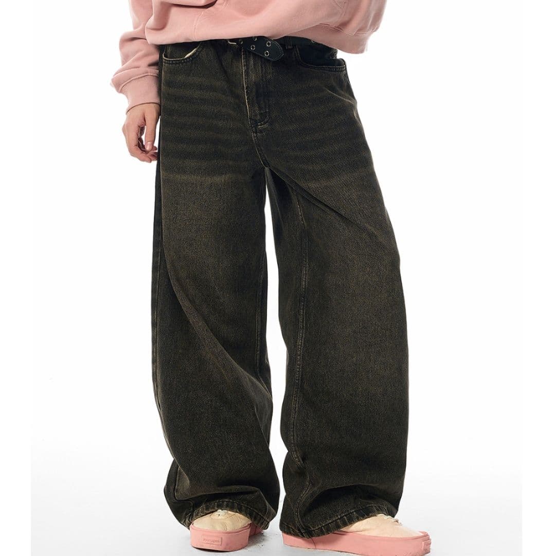 ストリートファッション ゆったりワイドデニムパンツ