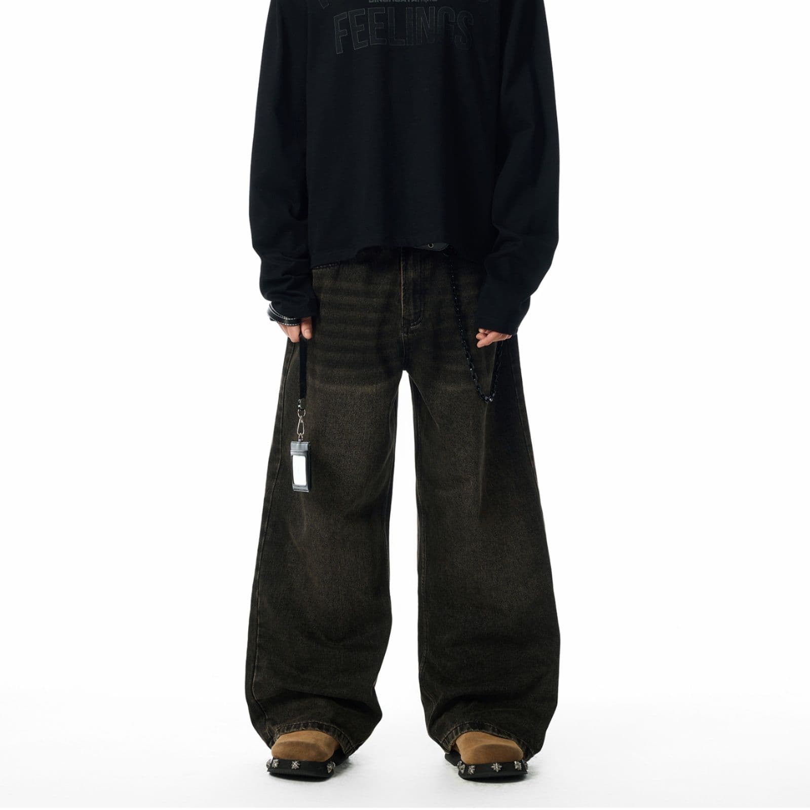 ストリートファッション ゆったりワイドデニムパンツ