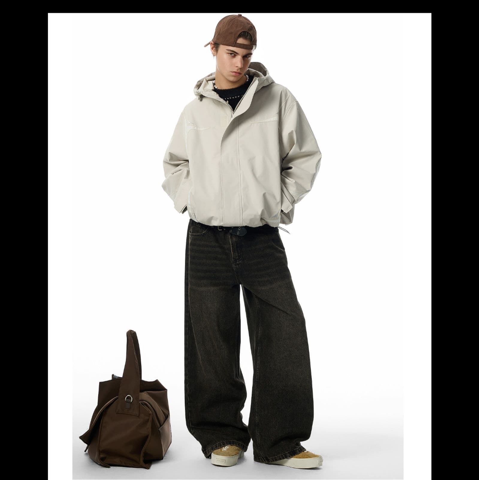 ストリートファッション ゆったりワイドデニムパンツ