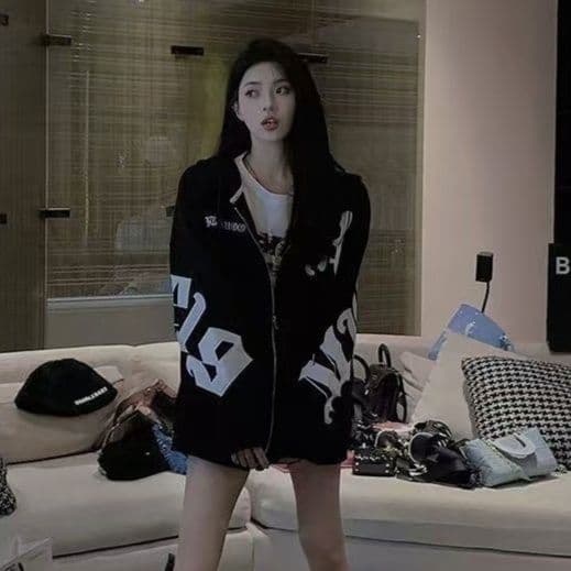 ストリートファッションパーカー ゴシック文字刺繍入りジップアップパーカー