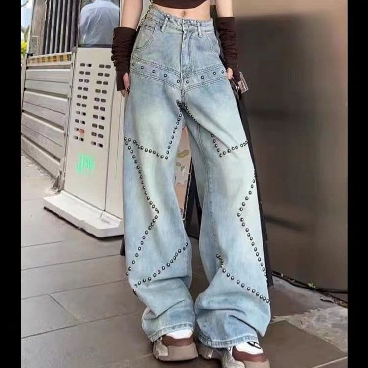 ストリートファッションデニム 金属鋲装飾ワイドストレートデニムパンツ