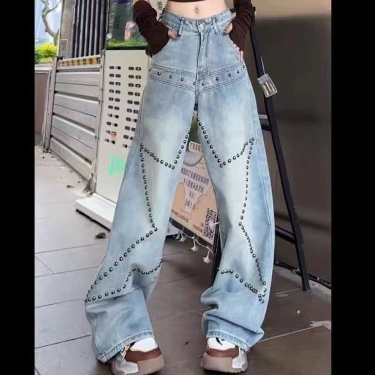 ストリートファッションデニム 金属鋲装飾ワイドストレートデニムパンツ