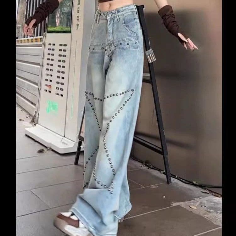 ストリートファッションデニム 金属鋲装飾ワイドストレートデニムパンツ