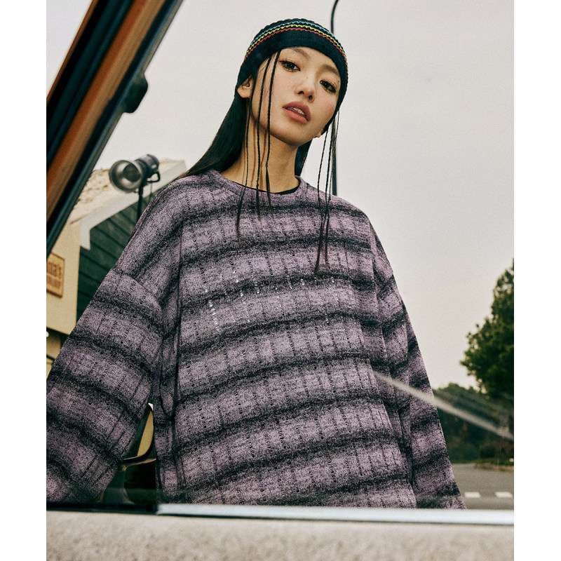 ストリートファッション ボーダー柄オーバーサイズニットセーター