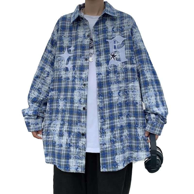 ストリートファッション ビンテージ風デザインオーバーサイズチェックシャツ