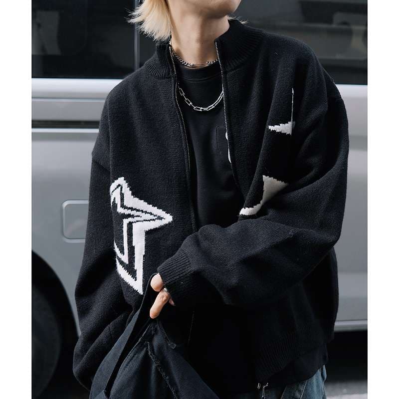 ストリートファッション スター柄ジップアップニットカーディガン