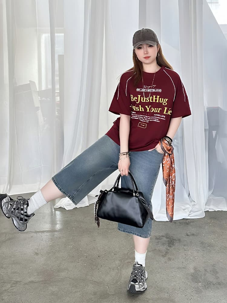 ストリートファッション ゆったりワイドデニムハーフパンツ