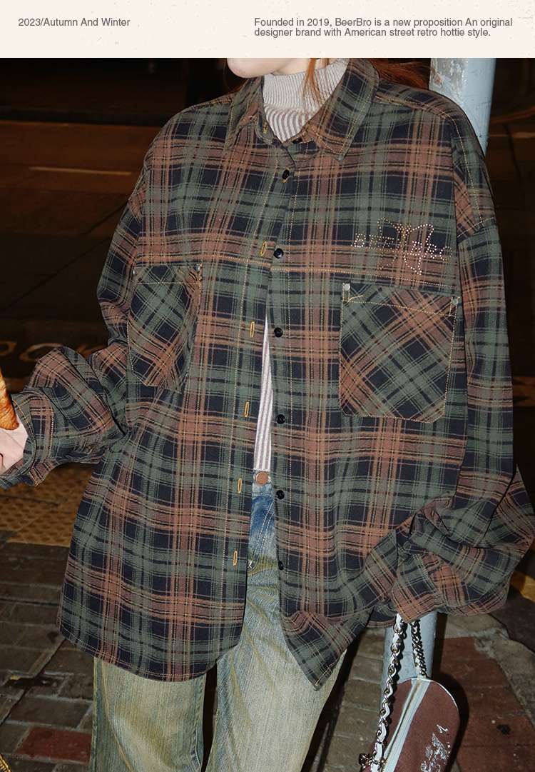 ストリートファッション レトロアメリカン オーバーサイズチェックシャツ