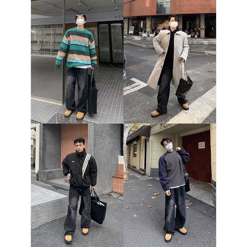 ストリートファッション ゆったりワイドデニムパンツ