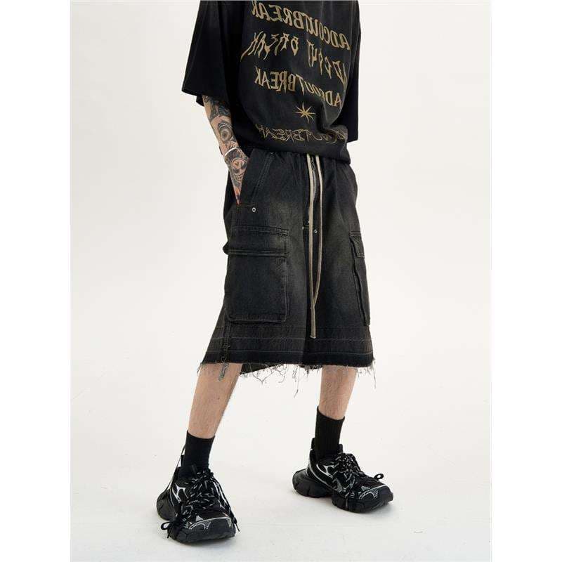 ストリートファッション ダメージ加工カーゴハーフパンツ