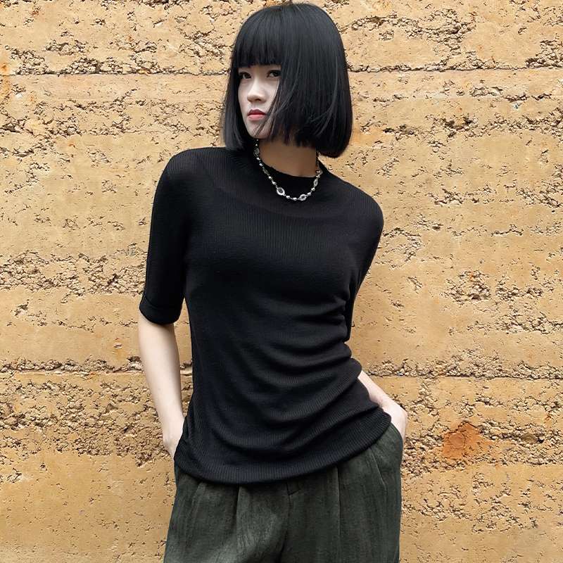 ストリートファッション リブ編みフィットハーフスリーブニット