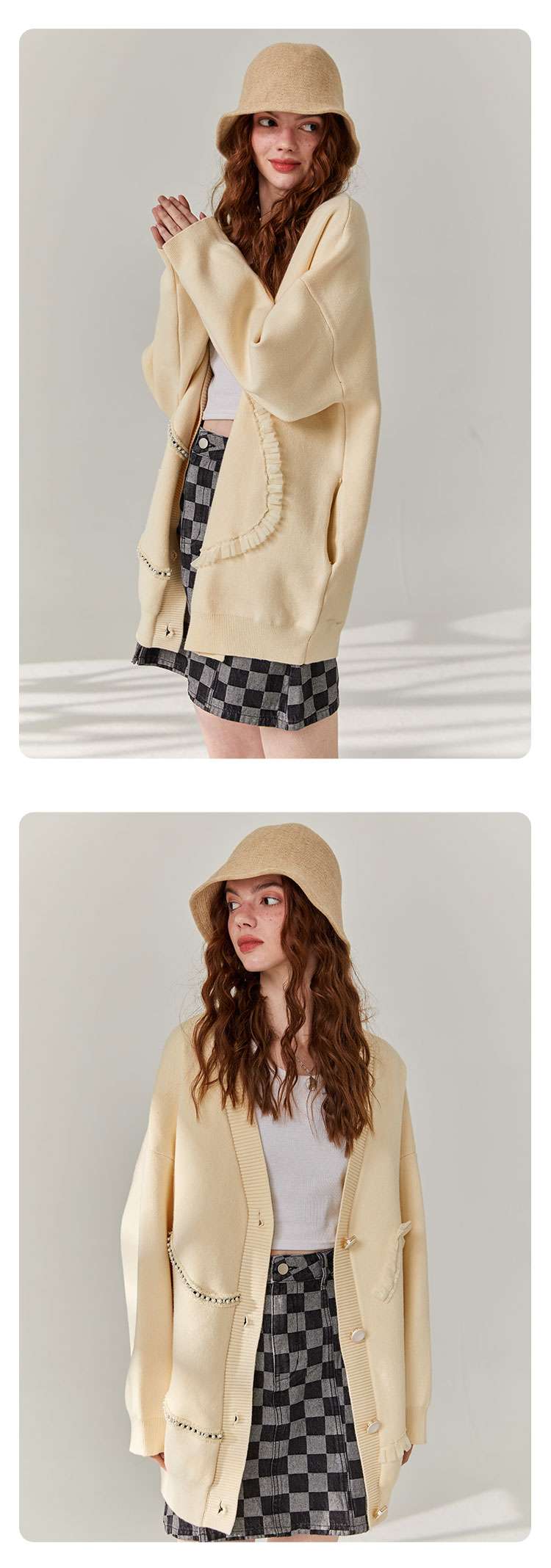 ストリートファッション フリルポケット付きオーバーサイズカーディガン