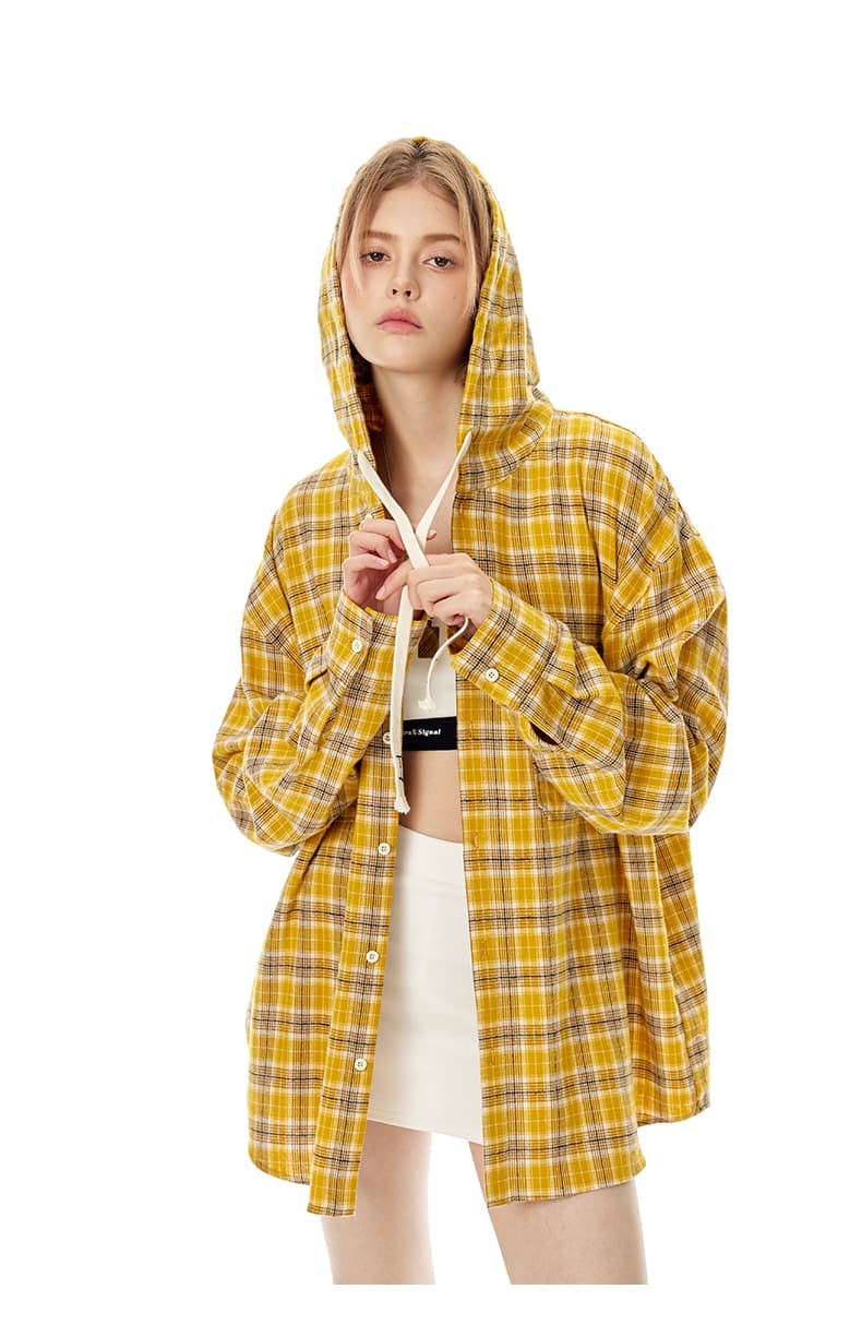 ストリートファッション 格子模様ゆったりフード付きシャツ