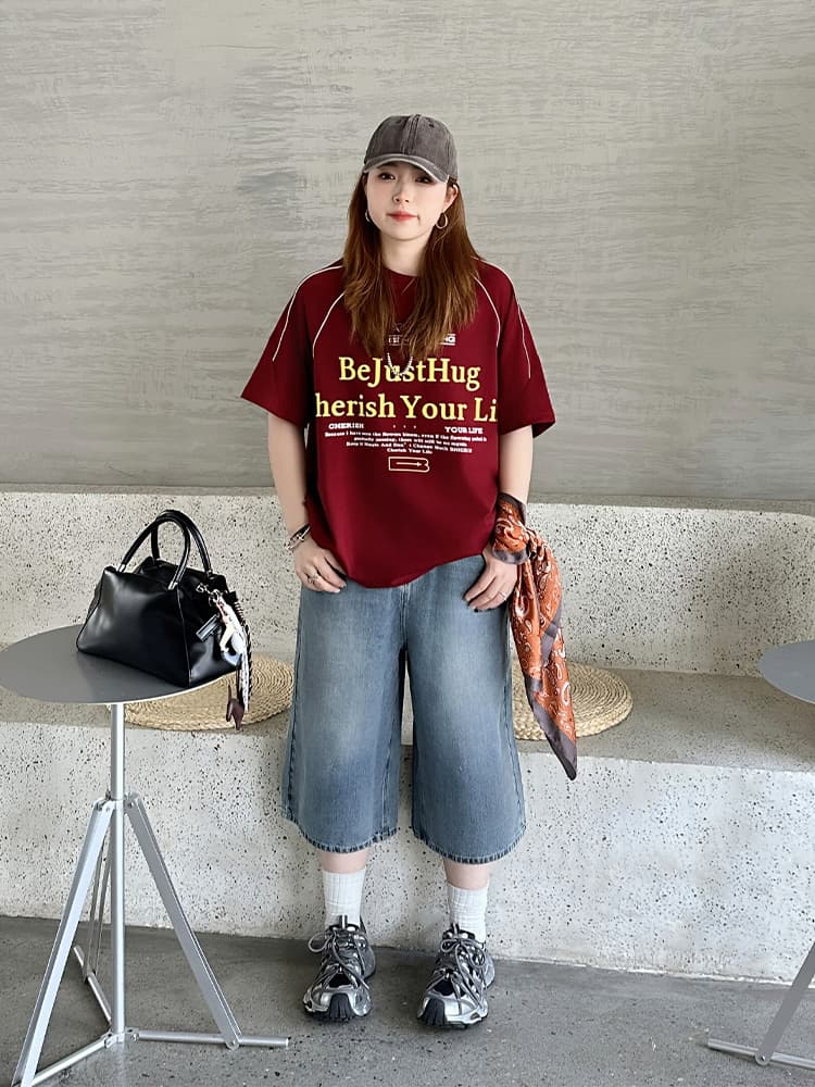 ストリートファッション ゆったりワイドデニムハーフパンツ